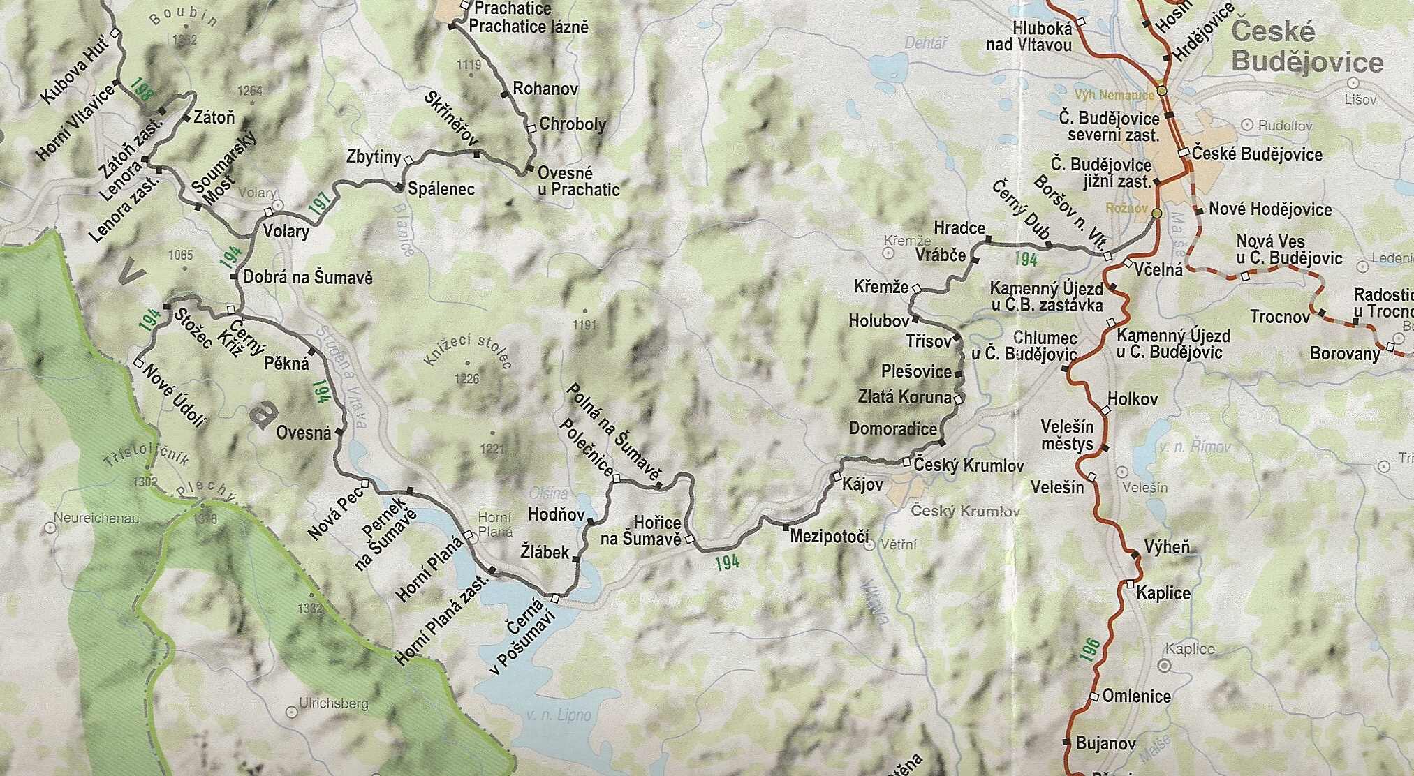 Mapa železniční tratě č. 194, České Budějovice - Volary