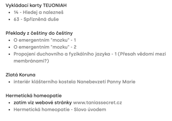 herohero/tania - z obsahu, Posvátná geometrie, Květ života, pentagram, hexagram, Zelená hora, LADA, Výkladové karty TEUONIAH